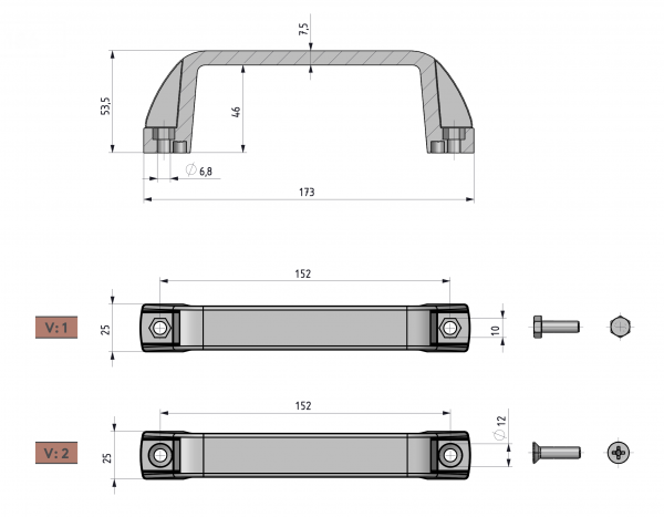 Handgriff 173mm - 152mm - (V1) für 6 Kant Schraube - Kunststoff